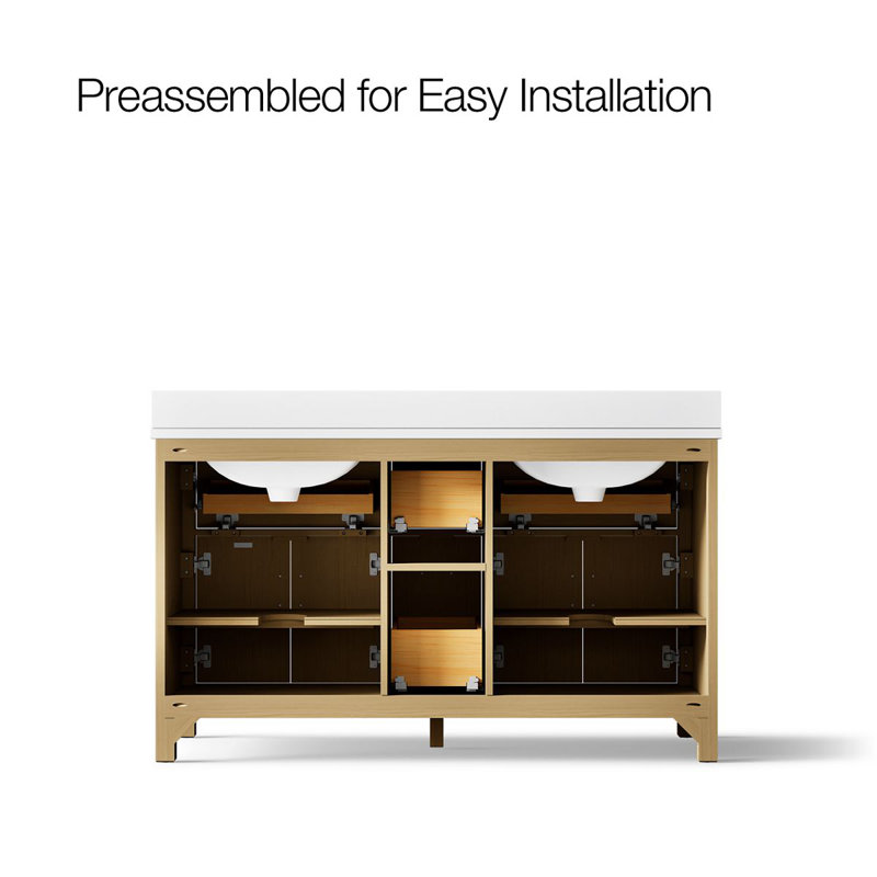 Kresla 60 In. Bathroom Vanity Cabinet With Sinks And Quartz Top, Light Oak, 60", Matte Black