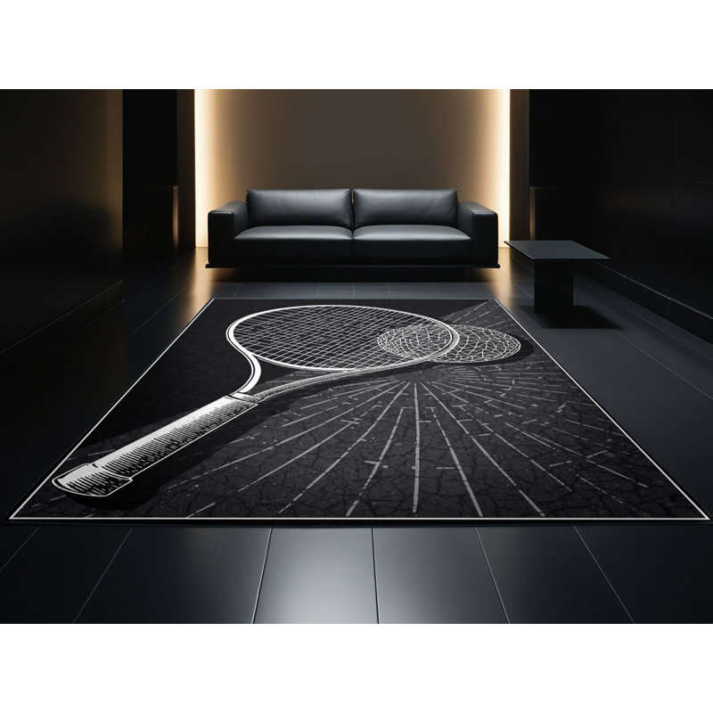 Machine Washable Cain Racquetball Racket Ball Modern Geometric Rug in Gray – Black Binding, 7x9