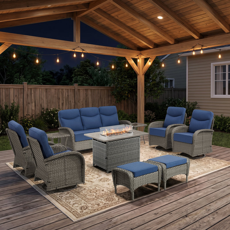 Ensemble de conversation extérieur en osier de 10 pièces avec foyer, canapé, fauteuils pivotants et poufs, Bleu, Gray