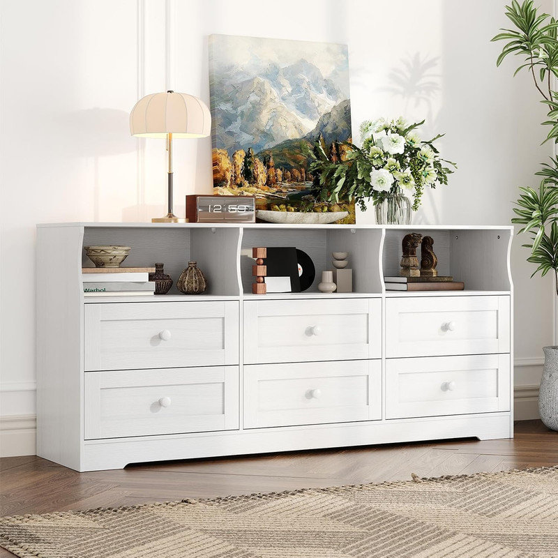 Commode 6 tiroirs avec prises de courant et lumière DEL, commode en bois mince avec tablette ouverte pour la chambre à coucher