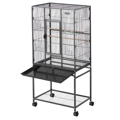 Bird Cage, 24.6 X 16.7 X 53.9 Inch, Flat Top, Wrought Iron Bird Flight Cage With Perches, Slide-Out Tray And Plastic Feeders, Casters, For Parrot, Blue Tit, Cockatiel, Canary, Budgerigar, Conure