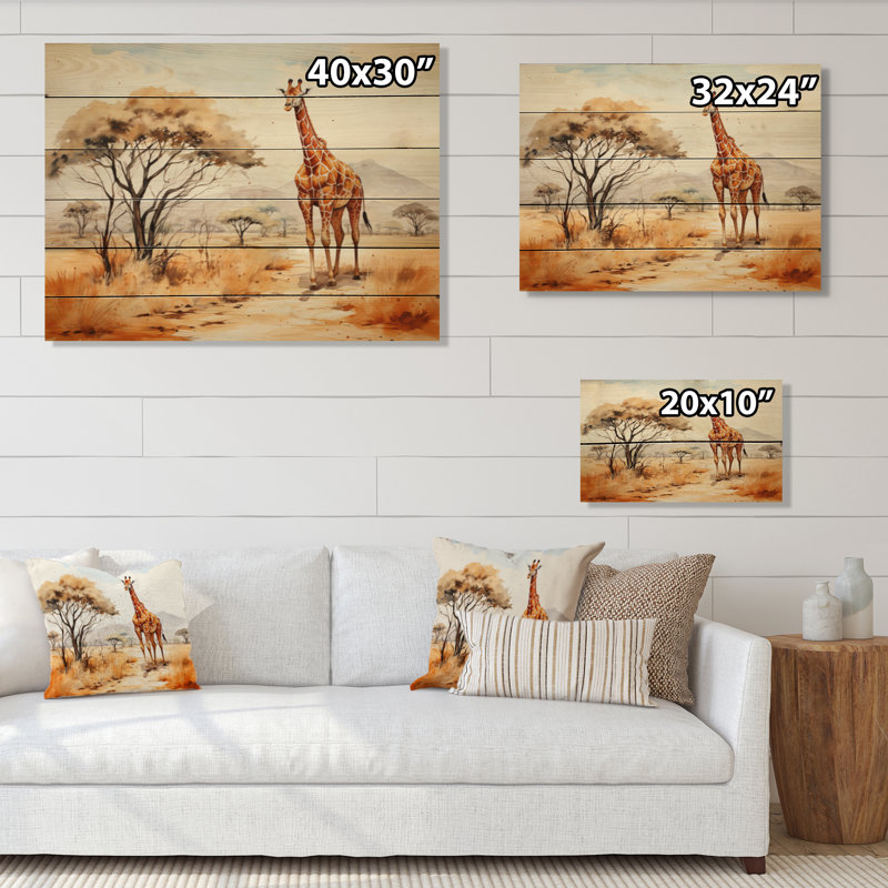 «Orange Orange Beige Girrafe Walk In African Landscape» sur impression sur bois, H 30 po x l 40 po x P 0,78 po