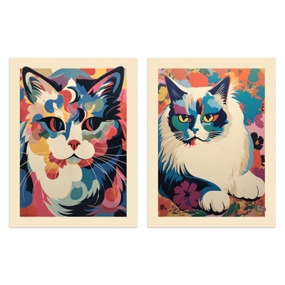 Matisse Style Cat Art Colourful Pastel Pussycats - 2 Piece No Frame Print Set