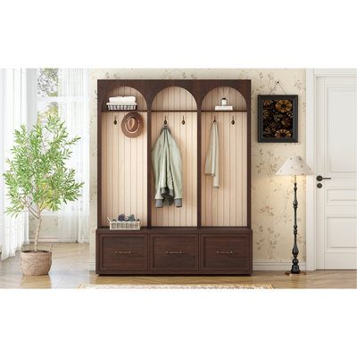 Arbre d'entrée de style ferme en bois avec design arqué, banc d'entrée élégant avec crochets rétro, portemanteau rustique et range-chaussures avec tiroirs pour le salon, noyer foncé
