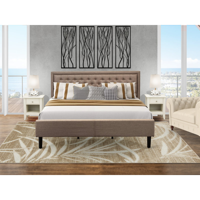 Ensemble de chambre à coucher en bois 3 pièces - 1 tête de lit moderne en tissu de lin brun rembourré et tête de lit capitonnée avec 2 tables de chevet - Table de chevet au fini crème au beurre brossé