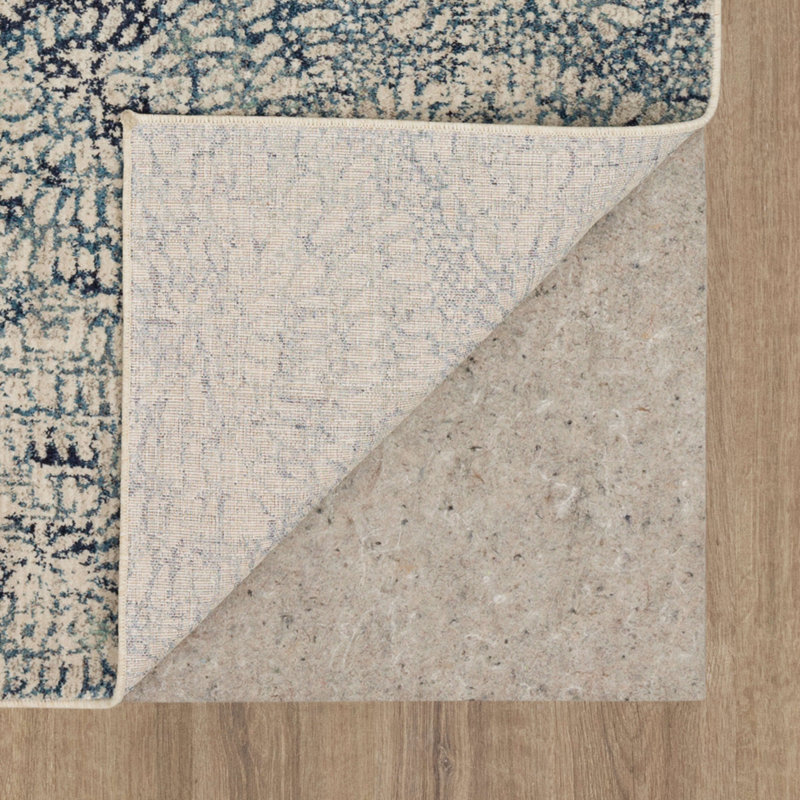 Gray and Blue Floral Synthetic Runner Rug