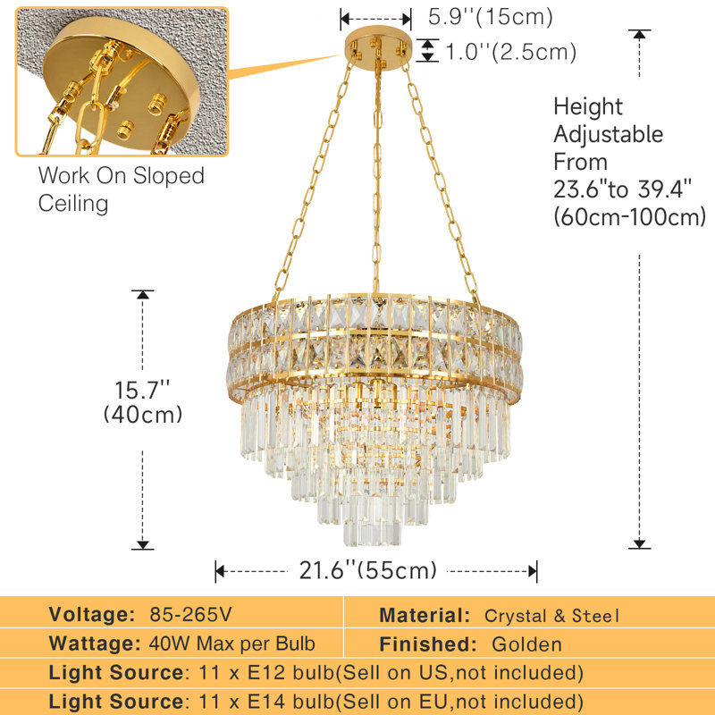 Lustre empire en cristal Imma, Or vif, H 39,4 po x l 21,65 po x P 21,65 po