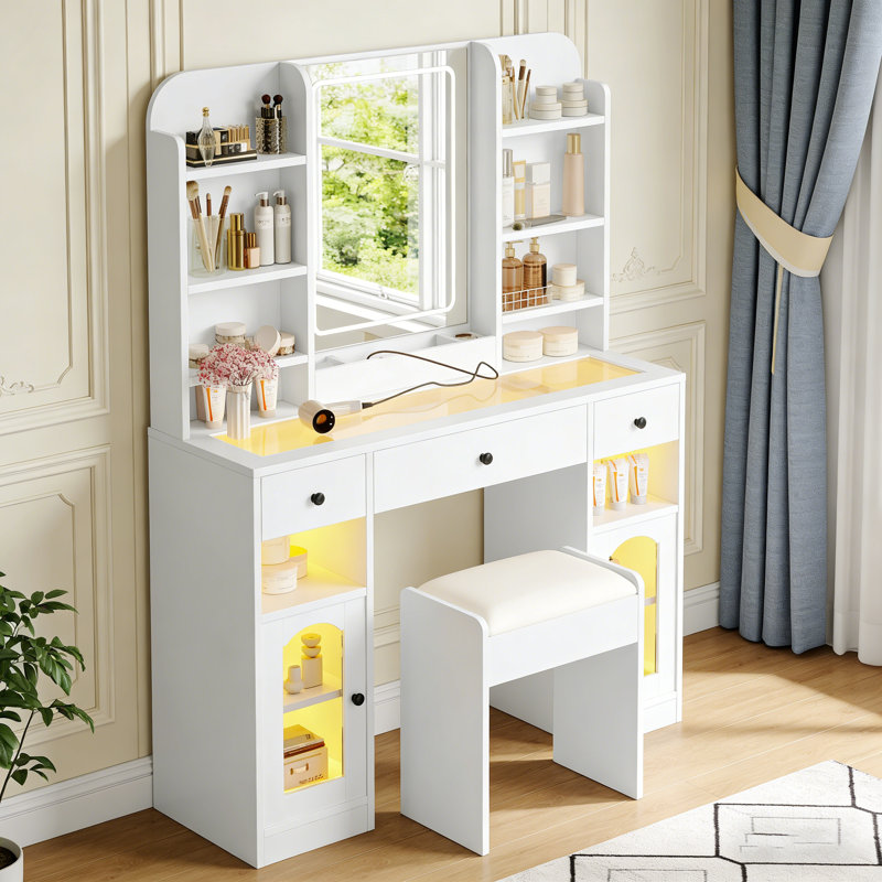  Makeup Vanity Desk with LED Mirror Glass Top Storage and Charging Station, White