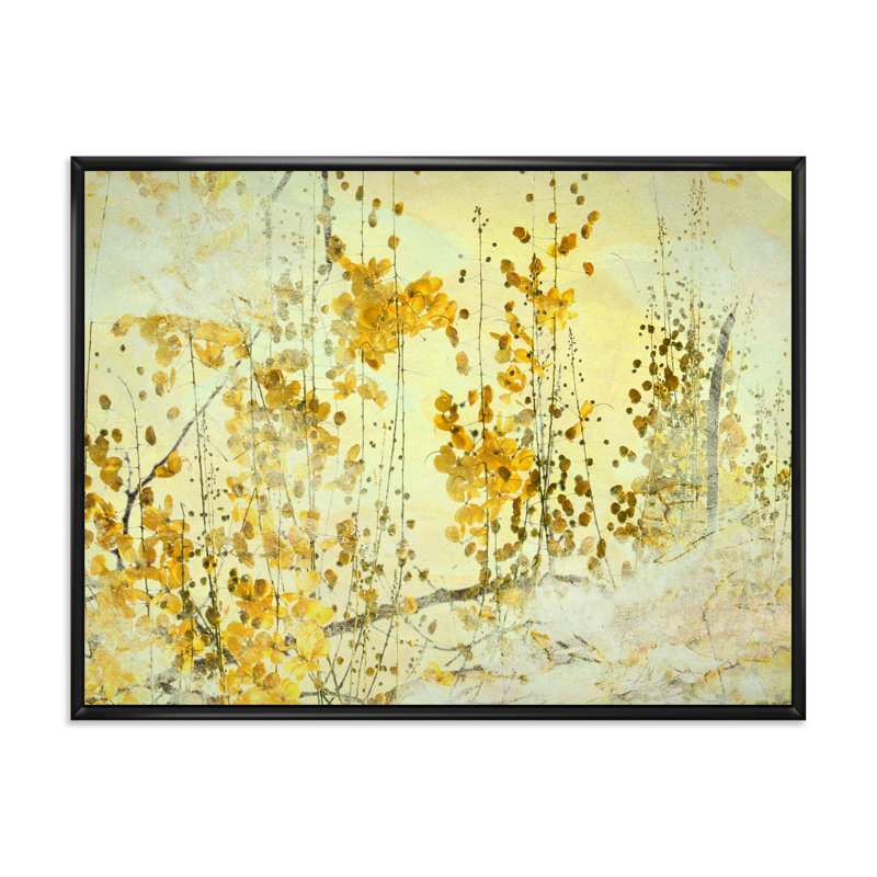 Fleur jaune, art grunge - peinture sur toile, Cadre flottant noir, H 16 po x l 32 po x p 1 po
