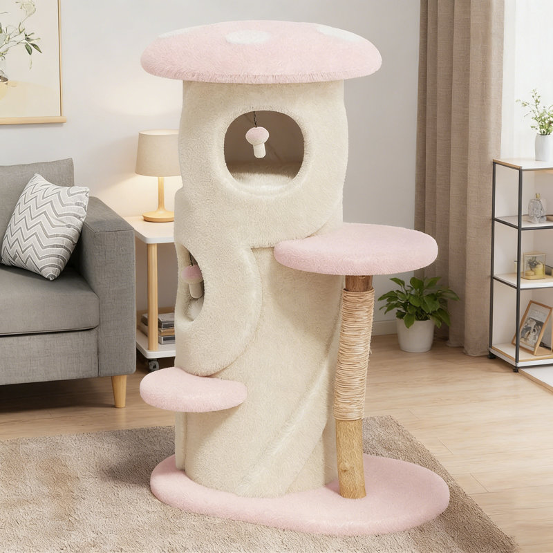 Structure d'escalade moderne et simple pour chat, Blanc cassé / rose