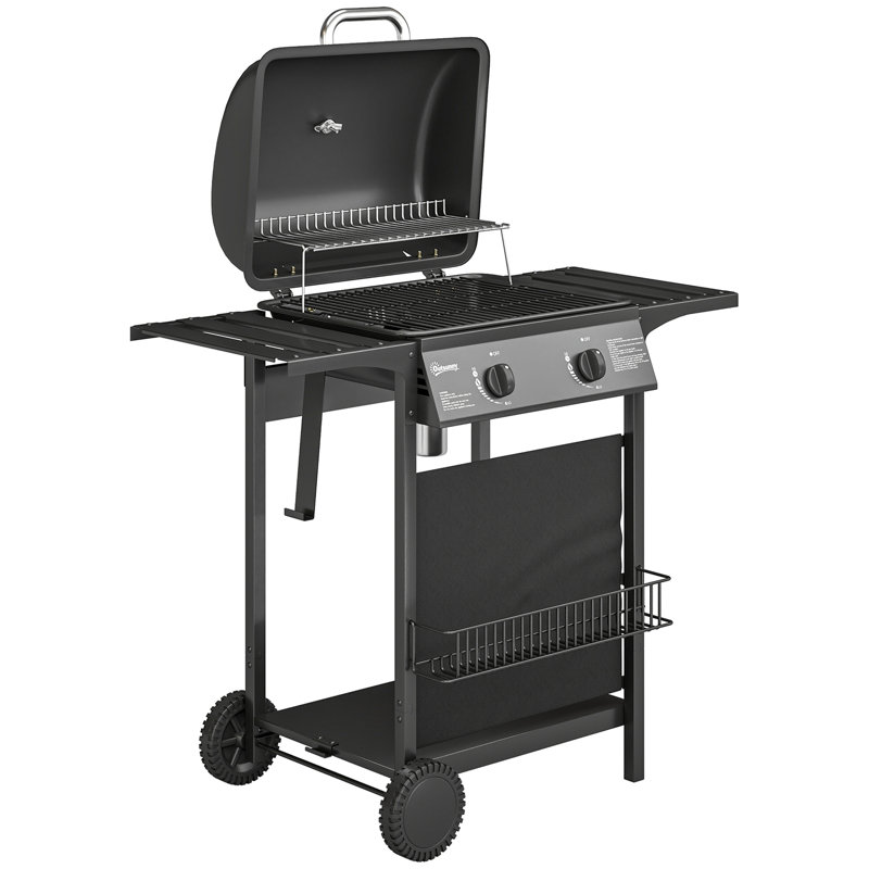 Barbecue au propane à 2 brûleurs, barbecue de 18 000 BTU avec roulettes, support chauffant, tables d'appoint, tablette, thermomètre, bac à graisse, barbecue d'extérieur pour patio extérieur, noir