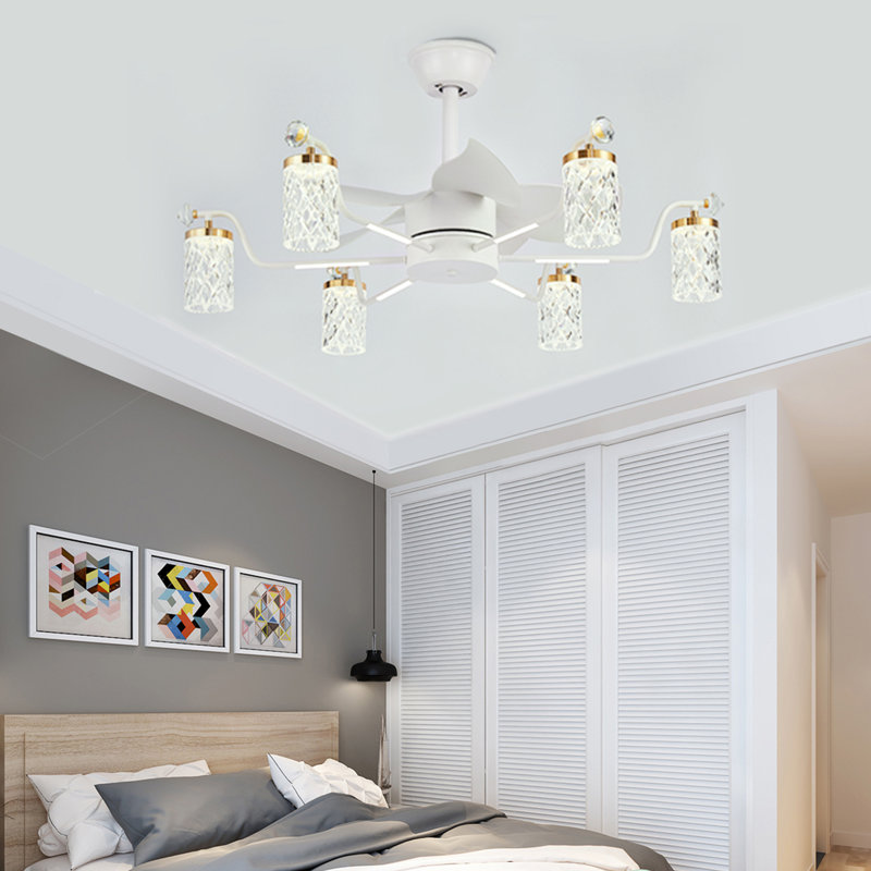 35.43" Luxury LED Dimmable Ceiling Fan with 6 Light and Remote, White