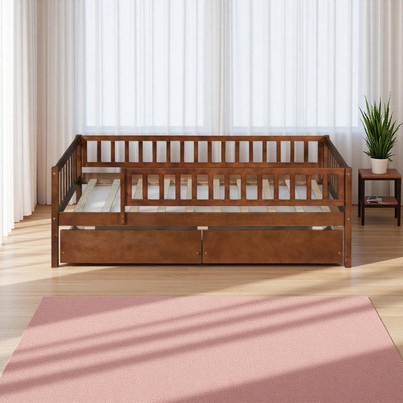 Lit de jour simple en bois avec deux tiroirs, Noyer