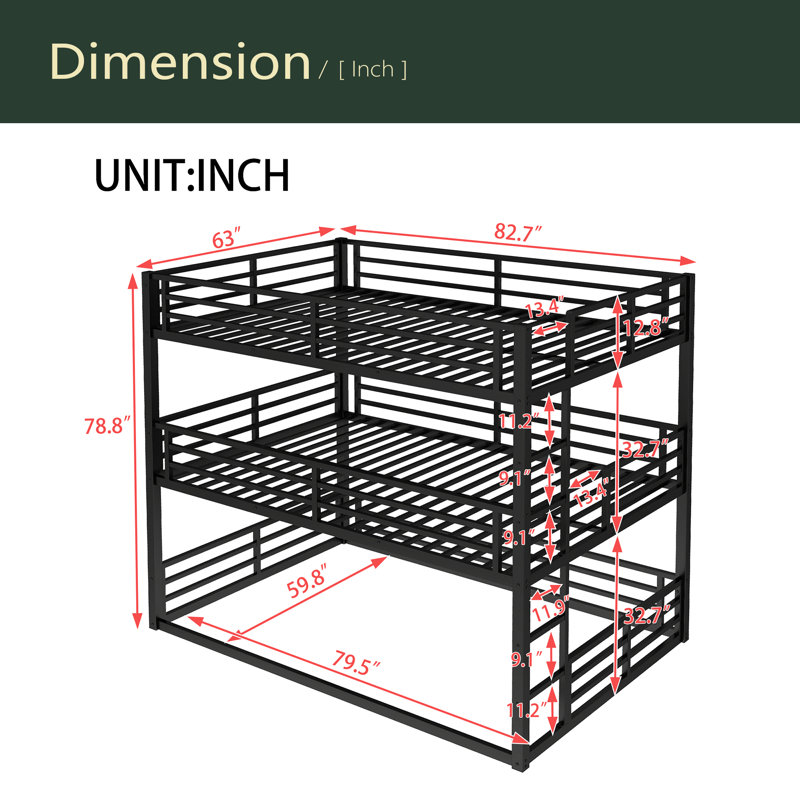 Bunk Bed, Metal Triple Bunk Bed With Safety Guardrails, Black, Queen over Queen over Queen