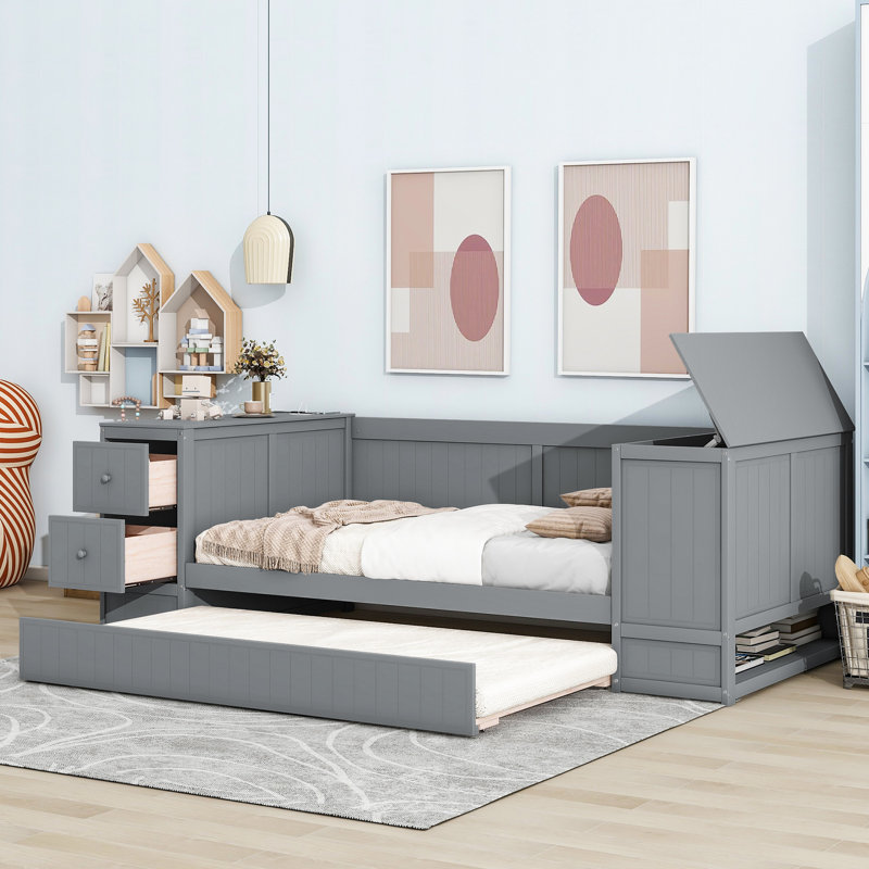 Lit de jour gris simple avec rangement pour magazines, lit gigogne - Fabrication de vêtements en bois massif, Gris