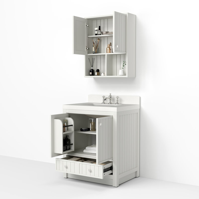 Ensemble de meuble-lavabo mural 30 po avec comptoir à quartz blanc Thassos 2 po et armoire murale assortie, Blanc perle