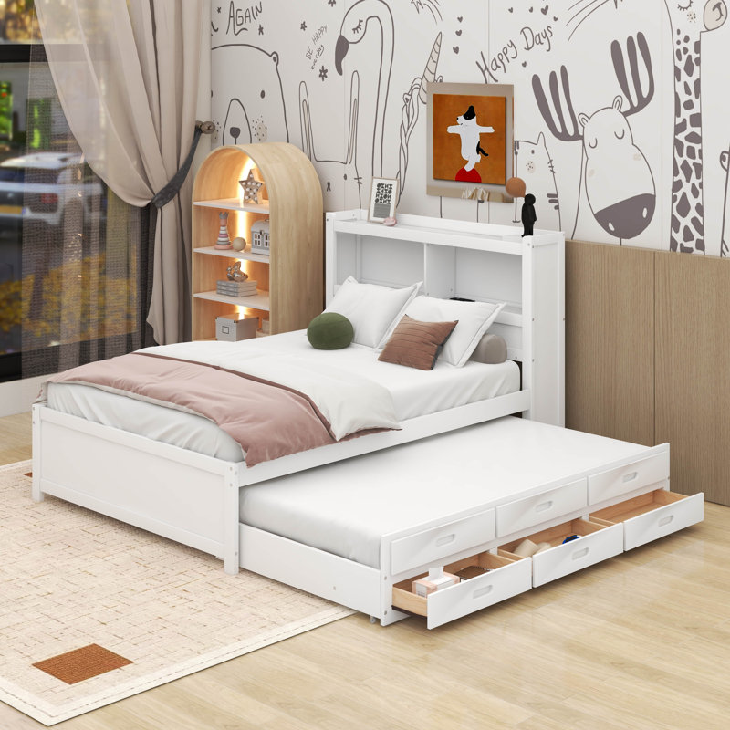 Lit plateforme double avec lit gigogne, tiroirs et port USB, Blanc