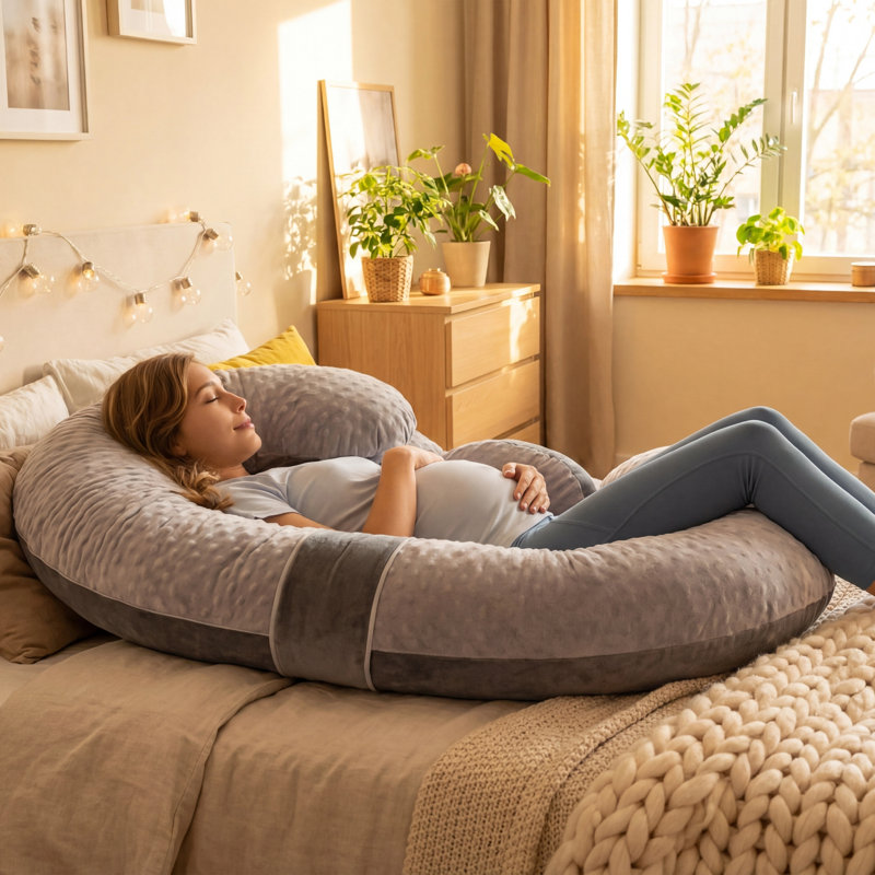  Oreiller de grossesse en forme de E, double peluche, oreiller de maternité pour les dormeurs latéraux - soutien de 60 pouces pour le dos, les jambes, le ventre, les hanches, gris