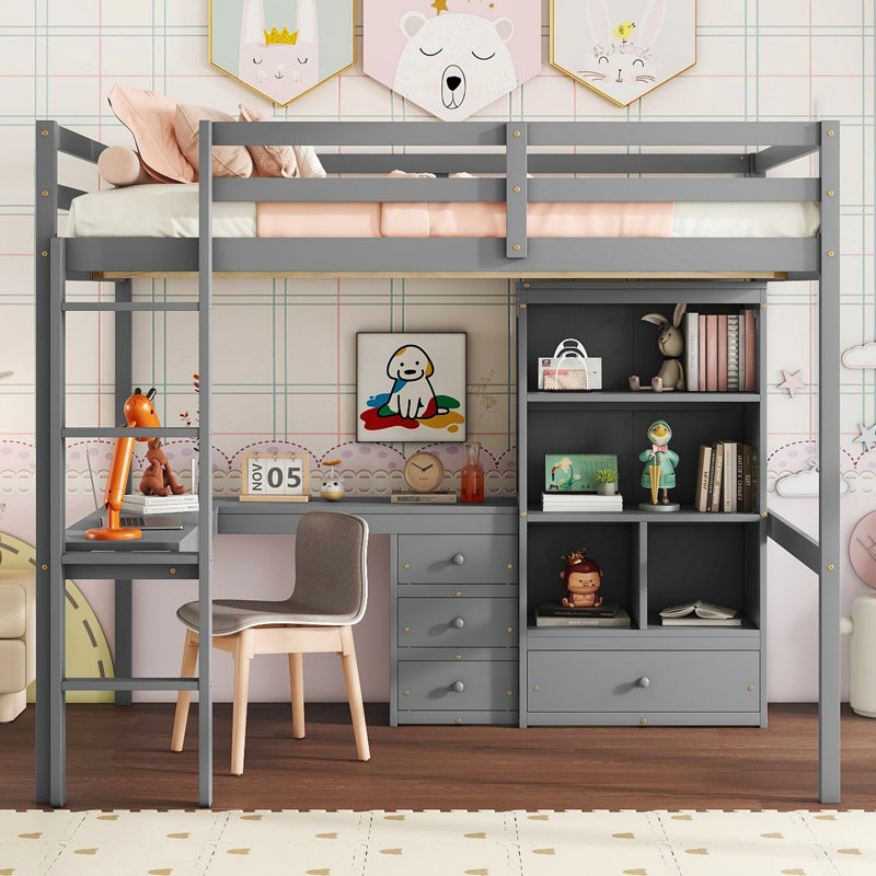 Lit mezzanine en bois massif Kasra Kids avec bureau, Ã©tagÃ¨res de rangement et tiroirs, gris