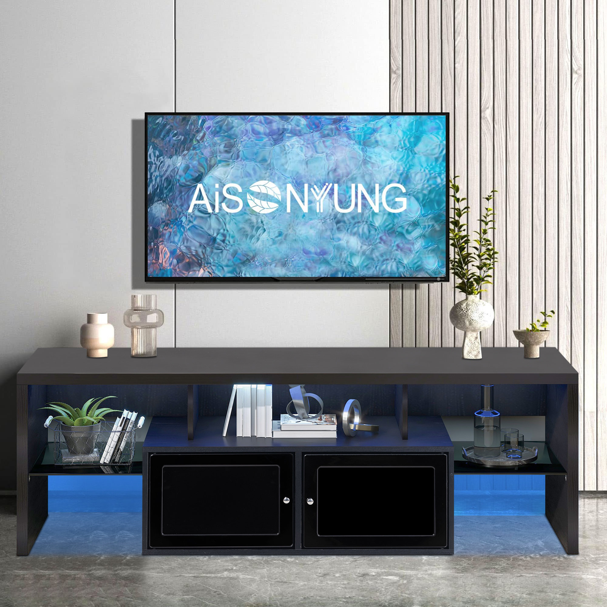 62.9 in. Wood Black TV Stand Entertainment Center with Storage Cabinet