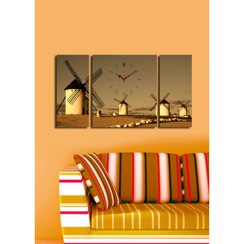 Horloge murale élégante en toile décorative (3 pièces), 33,5 po x 17,7 po | Toile 100% suède avec cadre 100% bois (épaisseur: 1,2 po) | Décoration élégante pour le salon et le bureau, design unique et horloge