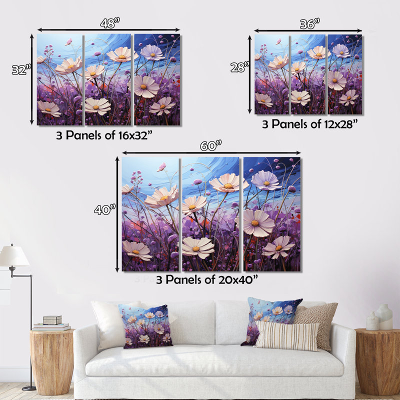Zinnias Violet Serenade I sur toile, reproduction de 3 pièces, H 28 po x l 36 po x P 1 po
