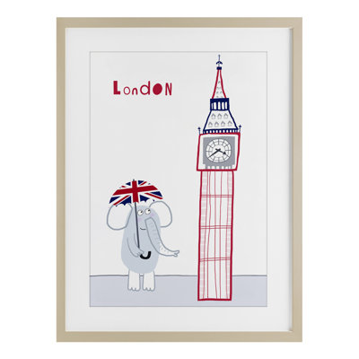 Elephant & Big Ben London Framed Print Under Glass, design by Carla Daly