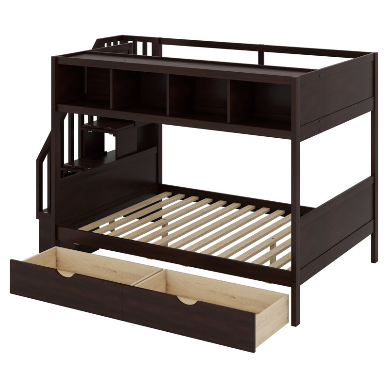 Lit superposé avec tablettes, escalier de rangement et 2 tiroirs, Espresso