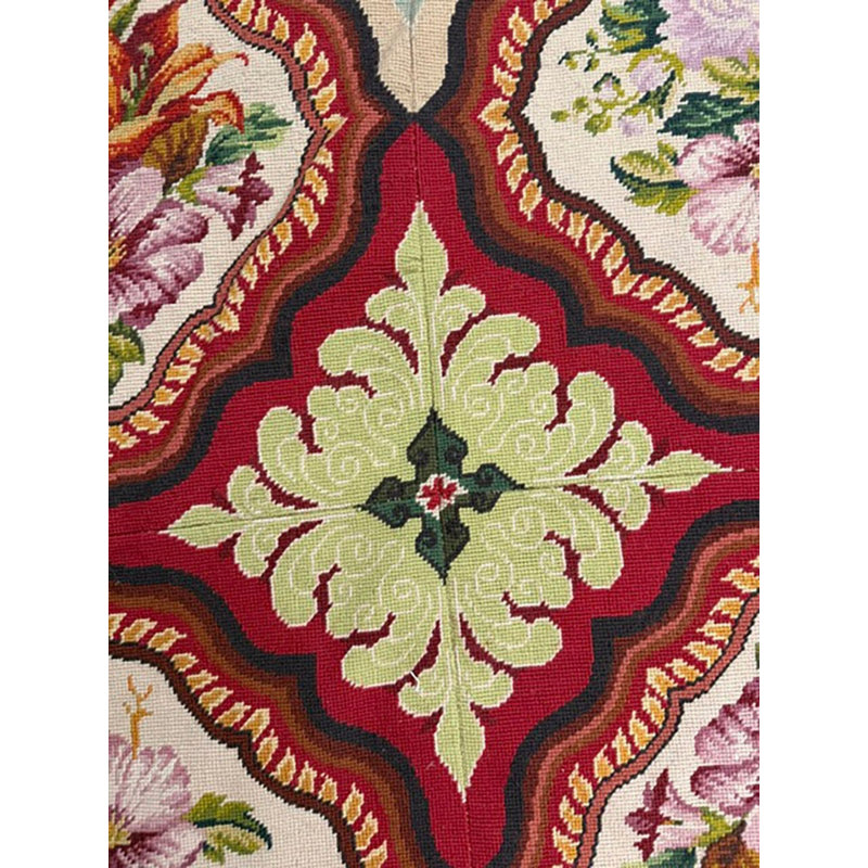 1880s Multicolor Floral Classical Antique European Needelpoint Wool Square Rug 11'0" x 12'0" Area Rug