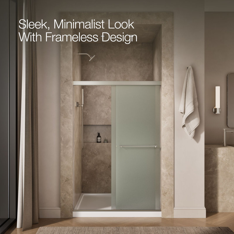 Revel Sliding Shower Door, 70-In H X 44-5/8 - 47-5/8-In W, With 1/4-In Thick Frosted Glass, Anodized Brushed Nickel, Frosted