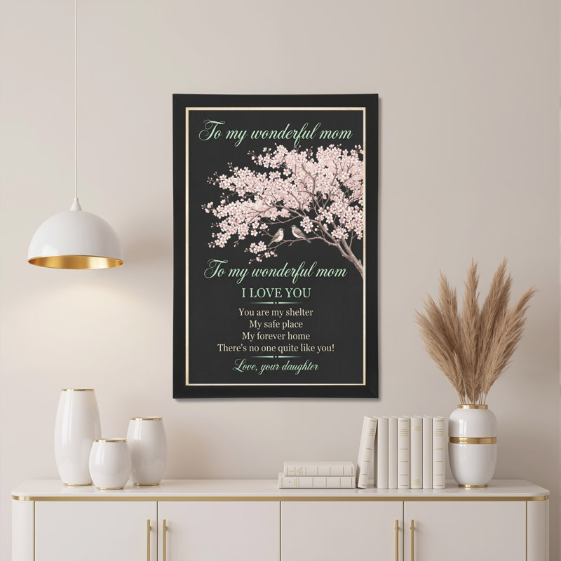 Tableau sur toile « Cerisier en fleurs et oiseaux » - À ma merveilleuse maman - Citation « Je t'aime » - Cadeau pour la fête des mères ou l'anniversaire de maman, de la part de sa fille