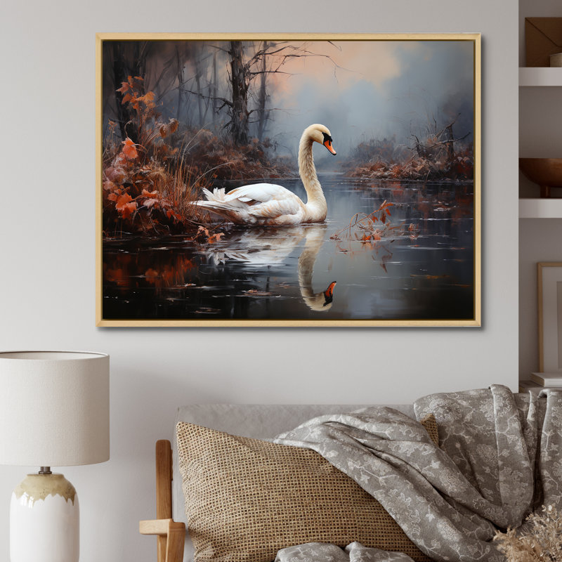 Cygne dans la brume I sur toile, Cadre naturel flottant, H 30 po x l 40 po x P 1,5 po
