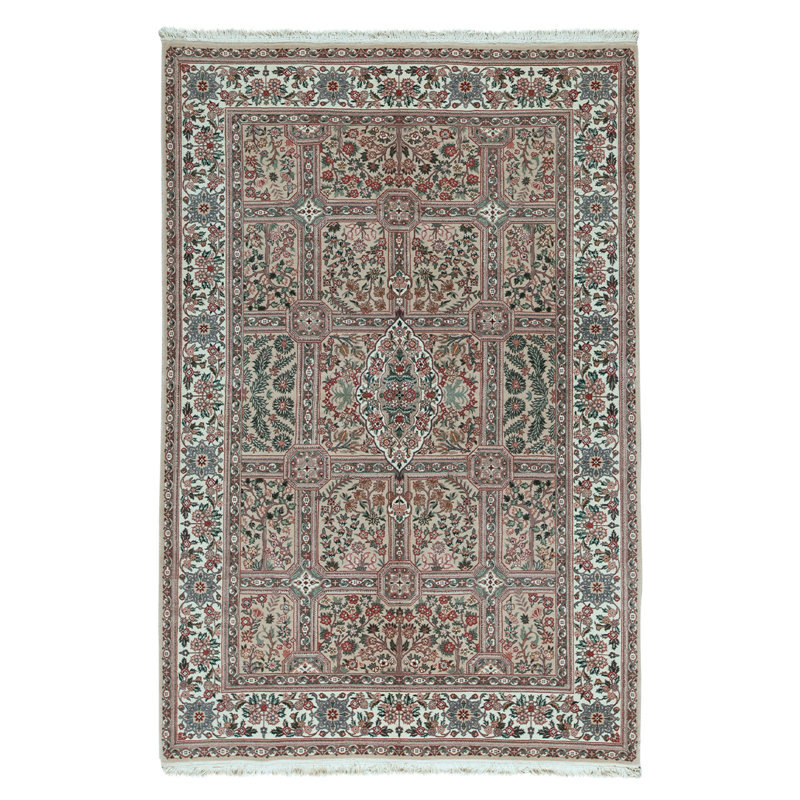 Tapis unique en laine noué à la main 6 pi x 9 pi nouvel âge vert / ivoire / beige