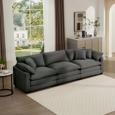Canapé modulaire Mid-Century 3 places avec 2 accoudoirs et 3 coussins, tissu modulaire gris en velours côtelé de salon