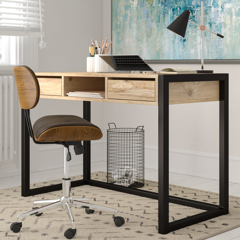 Modern Study Desk with 2 Drawers, Atlantic Pine & Black, 41.3 x 30.3 x 21.7 inches | 100% Melamine Coated Particle Board & Metal Frame, Wall-Mountable, Elegant Industrial Design for Home Office & Study Spaces