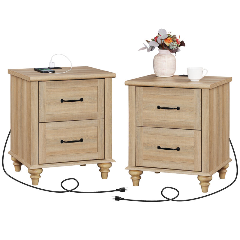 Ensemble de tables de bout à 2 tiroirs et prises intégrées Yujin de 23,6 po de hauteur, Chêne antique