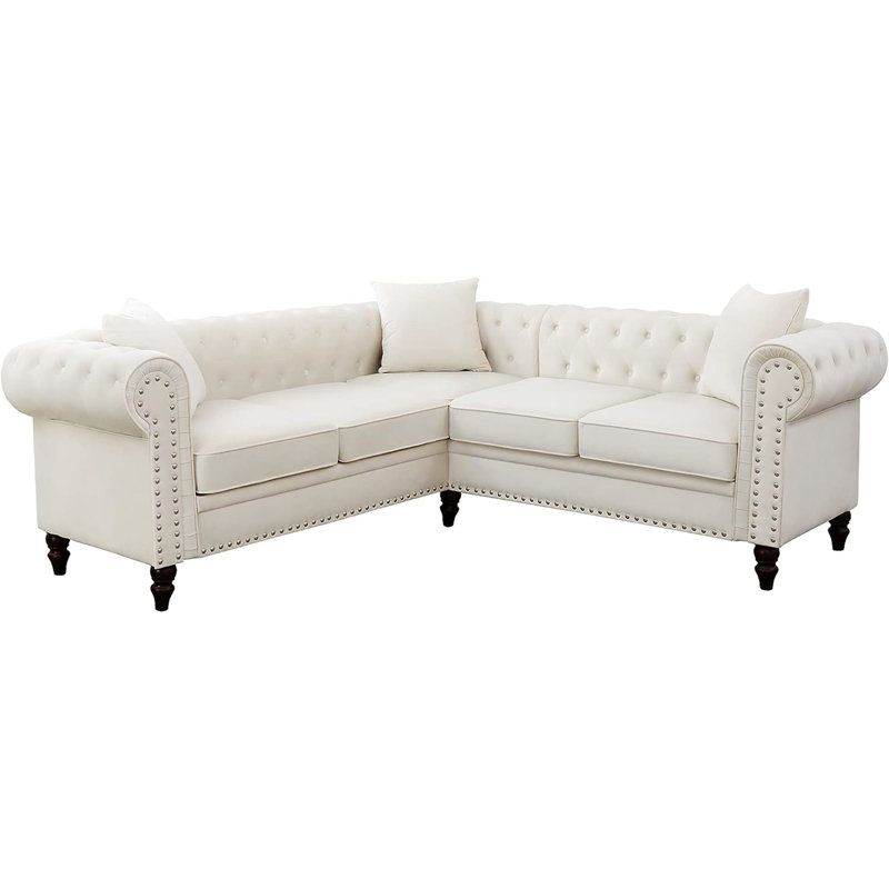 Canapé Chesterfield en forme de L capitonné 2 pièces de 80 po Anibelle, Mélange de lin blanc