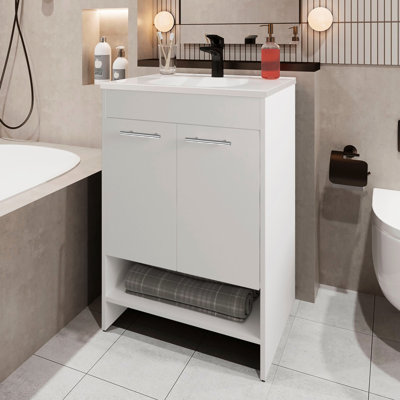 White 2-Door Vanity For Bathroom With Open Storage Facility - 34.6H X 23.2W 17.7D Particle Board Complement In 34.6 Inches High 23.2 Wide 17.7 Deep Display Toiletries Effectively