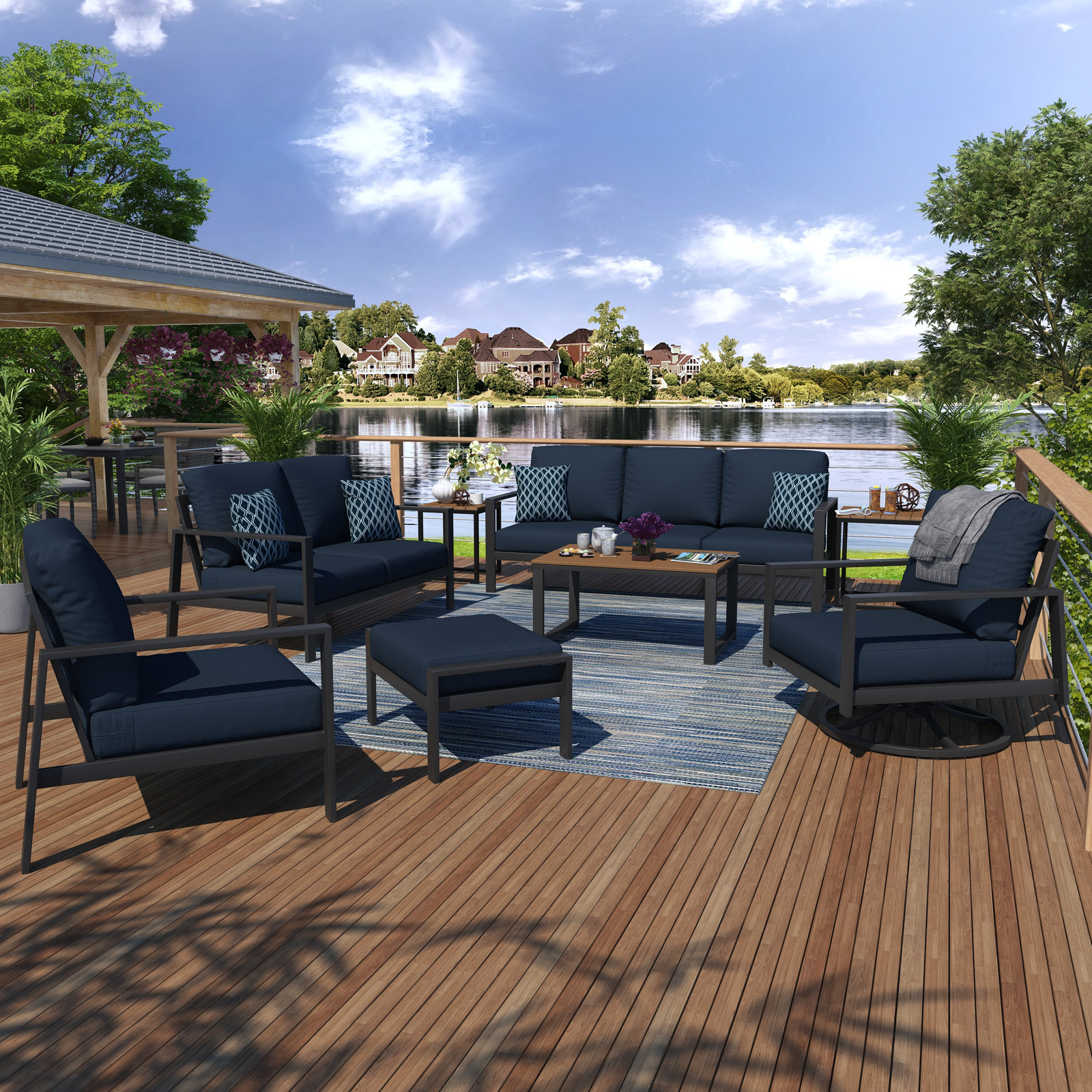 Townsend 8-Person Sunbrella® Patio Seating Group, Mahogany, Canvas Navy Sunbrella® Canvas