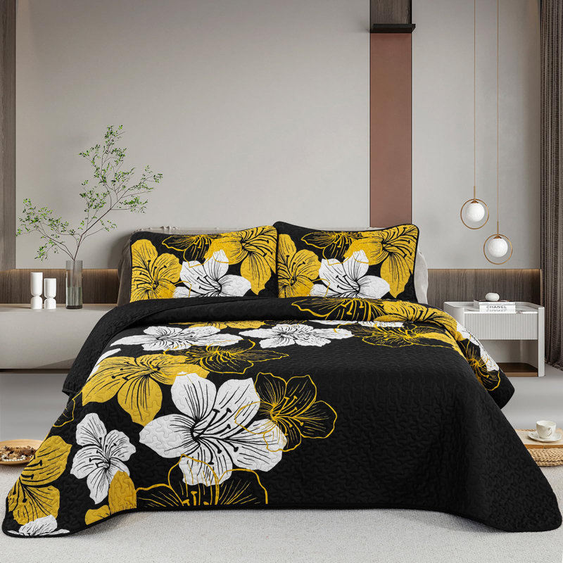 Ensemble de courtepointe à motif floral 3 pièces avec taies décoratives, Courtepointe pour lit grand + deux taies décorati