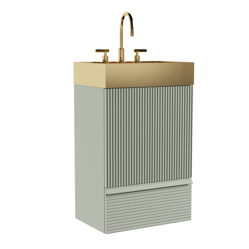 Meuble-lavabo moderne de 20 po avec lavabo monobloc en métal doré brossé, autoportant, E1, porte à fermeture douce, conception autoportante à embout, construction standard, tiroir et grand espace de rangement