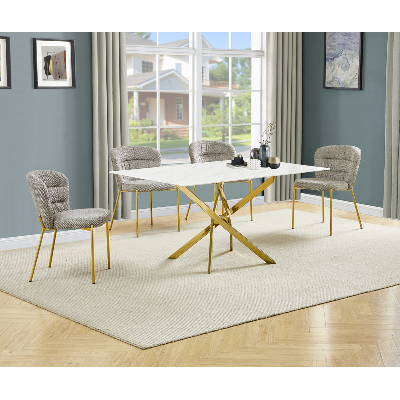 Ensemble de salle à manger rectangulaire en verre avec revêtement en marbre blanc avec chaises moelleuses, Gris