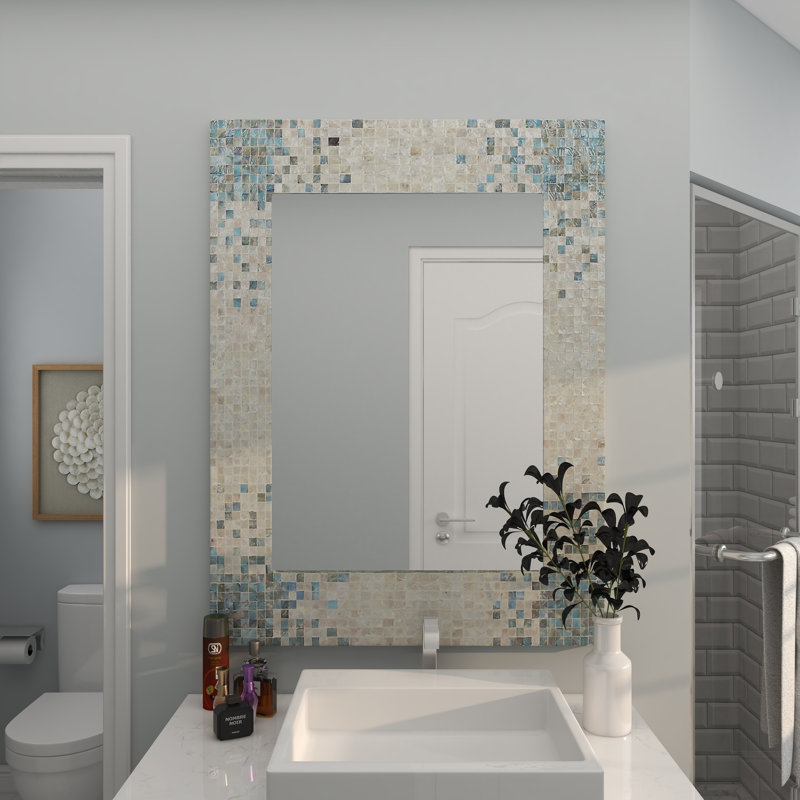 Mother of Pearl Shell Handmade Mosaic Room Wall Mirror with Blue Corners, 35.5"  x 47.75"