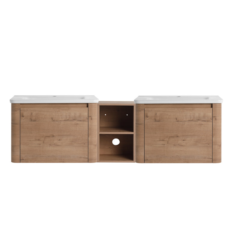 Meuble-lavabo mural de 68 po avec lavabo en céramique blanche et tablettes de rangement et 1 porte à fermeture en douceur