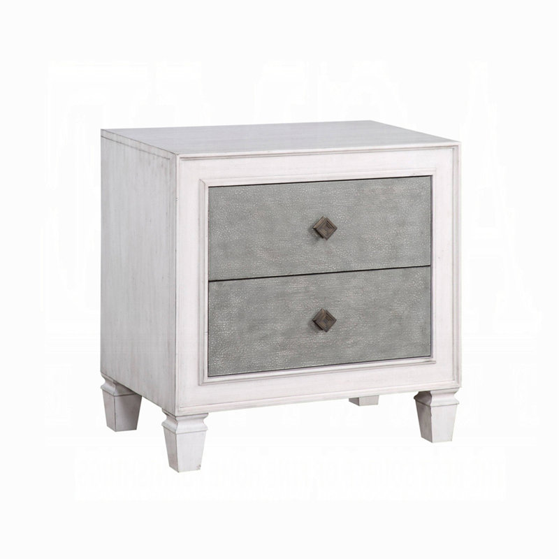 Table de chevet à finition bicolore avec 2 tiroirs, gris rustique et blanc vieilli