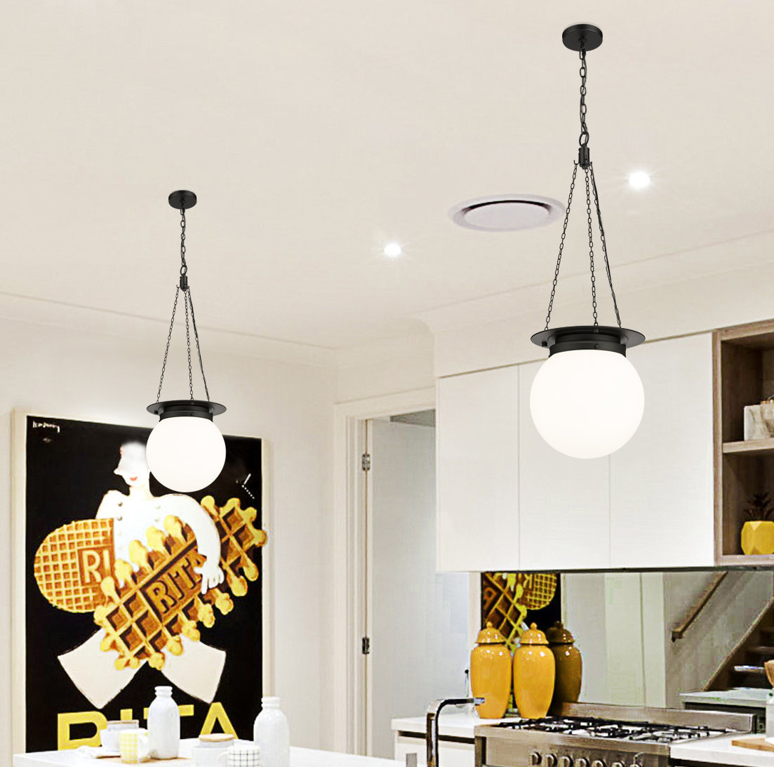 Zella Single Light Glass Dimmable Pendant, White, 86.75" H x 13" W x 13" D, Matte Black