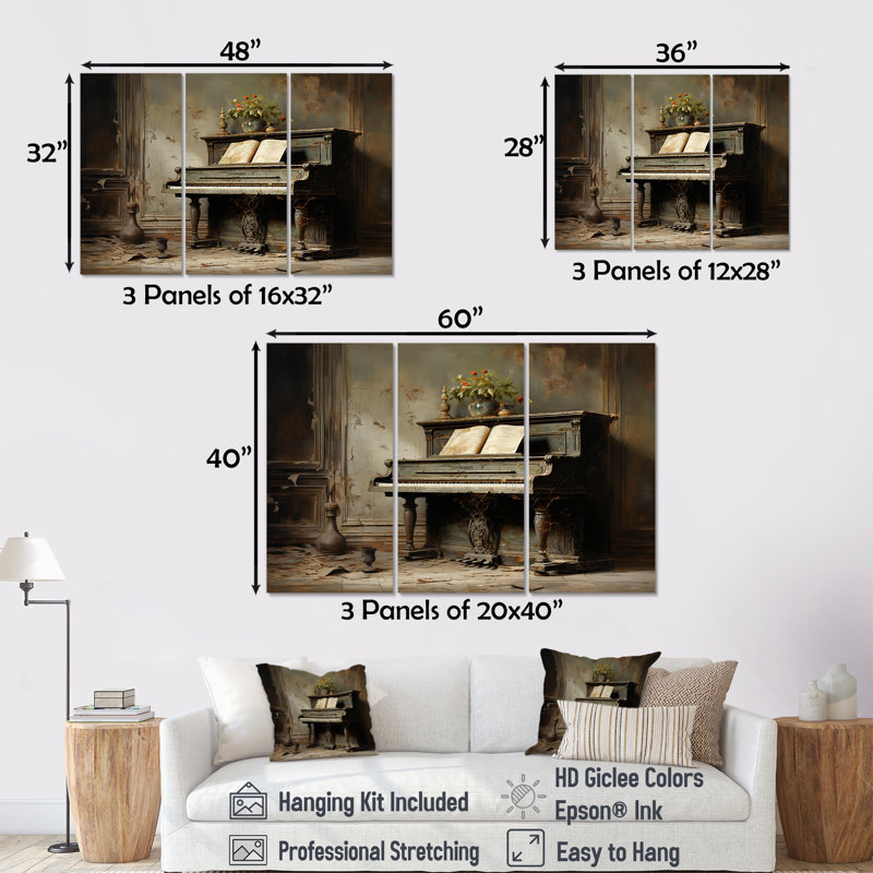 Vintage Piano Pianos Past II - Piano, art mural sur toile, H 40 po x l 60 po