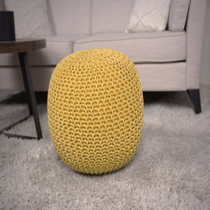 Cotton Upholstered Round Pouf Ottoman, Yellow