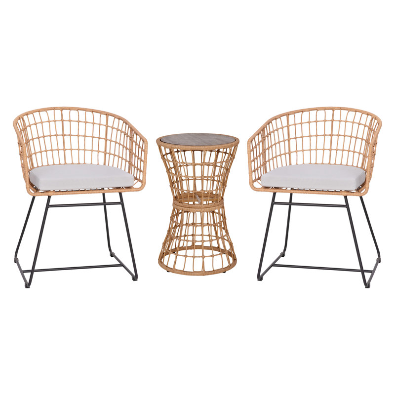 Clavens Indoor/Outdoor Boho Rattan Rope Bistro Set with Side Table and Cushions, White