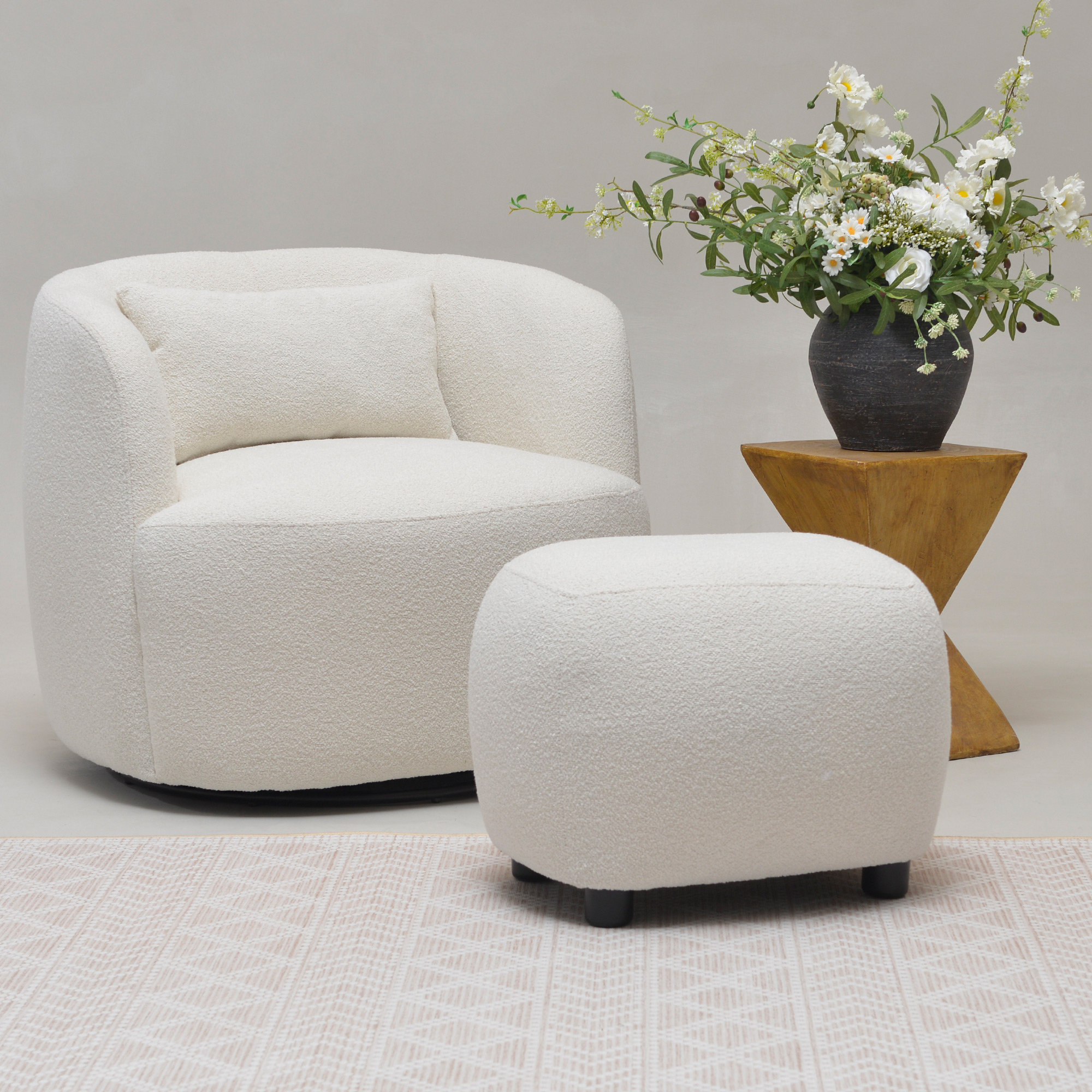 Aria Upholstered Swivel Armchair with Ottoman, Beige